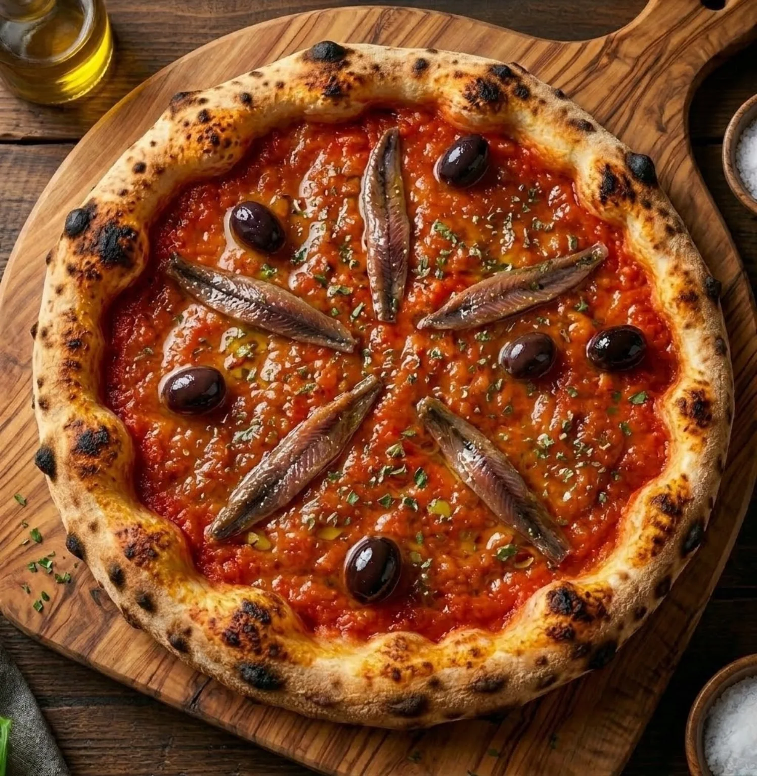 Pizza à la tomate, anchois et olives noires